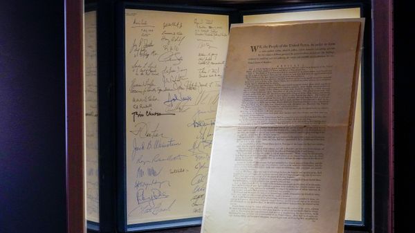 FILE - A first printing of the United States Constitution is displayed at Sotheby's auction house during a press preview on Nov. 5, 2021, in New York. The rare copy has sold Thursday, Nov. 18, for a record $43.2 million at Sotheby's to an anonymous buyer who outbid a group of crypocurrency investors. - Sputnik International