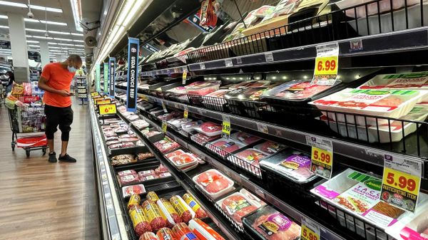 A person shops in the meat section of a grocery store on November 11, 2021 in Los Angeles, California. U.S. consumer prices have increased solidly in the past few months on items such as food, rent, cars and other goods as inflation has risen to a level not seen in 30 years. The consumer-price index rose by 6.2 percent in October compared to one year ago.   - Sputnik International