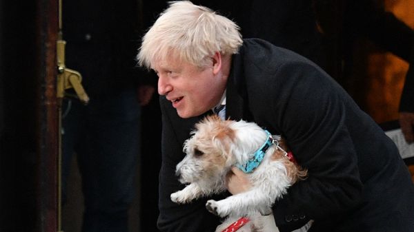 Britain's Prime Minister Boris Johnson poses with his dog Dilyn as he leaves from a Polling Station, after casting his ballot paper and voting, in central London on 12 December 2019, as Britain held a general election. - Sputnik International