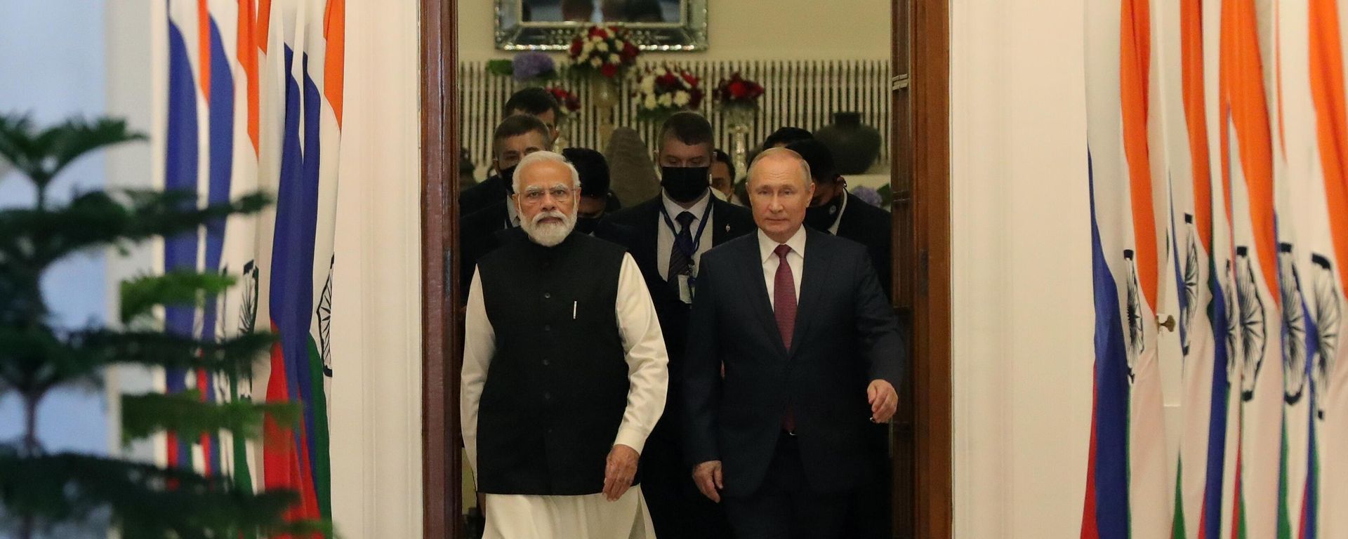 Russian President Vladimir Putin and Prime Minister of the Republic of India Narendra Modi (left) during a meeting at the Hyderabad Palace in New Delh Russian President Vladimir Putin and Prime Minister of the Republic of India Narendra Modi (left) during a meeting at the Hyderabad Palace in New Delh - Sputnik International, 1920, 06.12.2021