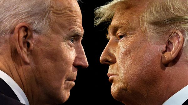 (COMBO) This combination of pictures created on October 22, 2020 shows US President Donald Trump (R) and Democratic Presidential candidate and former US Vice President Joe Biden during the final presidential debate at Belmont University in Nashville, Tennessee, on October 22, 2020 - Sputnik International