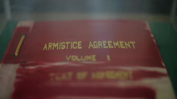 A replica of the Korean War Armistice Agreement, which was signed on July 27, 1953, is displayed at the Armistice Signing Hall near the truce village of Panmunjom on the North Korean side of the Demilitarised Zone (DMZ) separating North and South Korea, near Kaesong on June 11, 2018. - Sputnik International