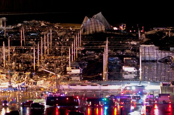 Emergency crews respond to a collapsed Amazon.com warehouse after a tornado passed through Edwardsville, Illinois, on 10 December 2021 in a still image taken from a drone video. - Sputnik International