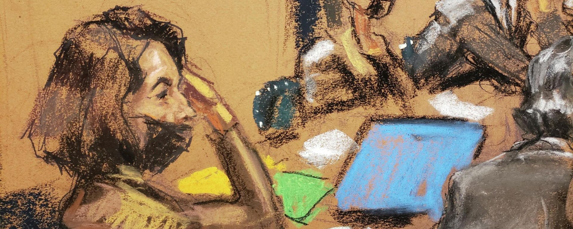 Ghislaine Maxwell sits with her defense lawyers during the trial of Maxwell, the Jeffrey Epstein associate accused of sex trafficking, in a courtroom sketch in New York City, U.S., December 10, 2021 Ghislaine Maxwell sits with her defense lawyers during the trial of Maxwell, the Jeffrey Epstein associate accused of sex trafficking, in a courtroom sketch in New York City, U.S., December 10, 2021 - Sputnik International, 1920, 12.12.2021