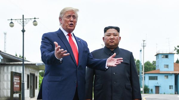 US President Donald Trump speaks as he stands with North Korea's leader Kim Jong Un south of the Military Demarcation Line that divides North and South Korea, in the Joint Security Area (JSA) of Panmunjom in the Demilitarized zone (DMZ) on June 30, 2019 US President Donald Trump speaks as he stands with North Korea's leader Kim Jong Un south of the Military Demarcation Line that divides North and South Korea, in the Joint Security Area (JSA) of Panmunjom in the Demilitarized zone (DMZ) on June 30, 2019 - Sputnik International
