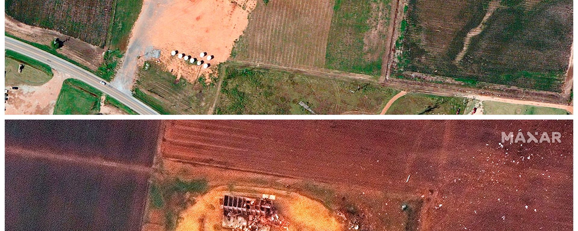 Фотографии ферм до и после прохождения торнадо по территории штата Арканзас в США Фотографии ферм до и после прохождения торнадо по территории штата Арканзас в США - Sputnik International, 1920, 13.12.2021