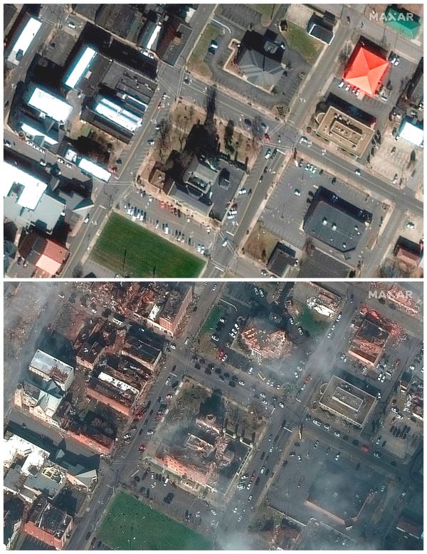 A combination of satellite images shows the county courthouse in Mayfield, Kentucky before and after a devastating outbreak of tornadoes ripped through several US states, 28 January 2017 (top) and 11 December 2021. - Sputnik International