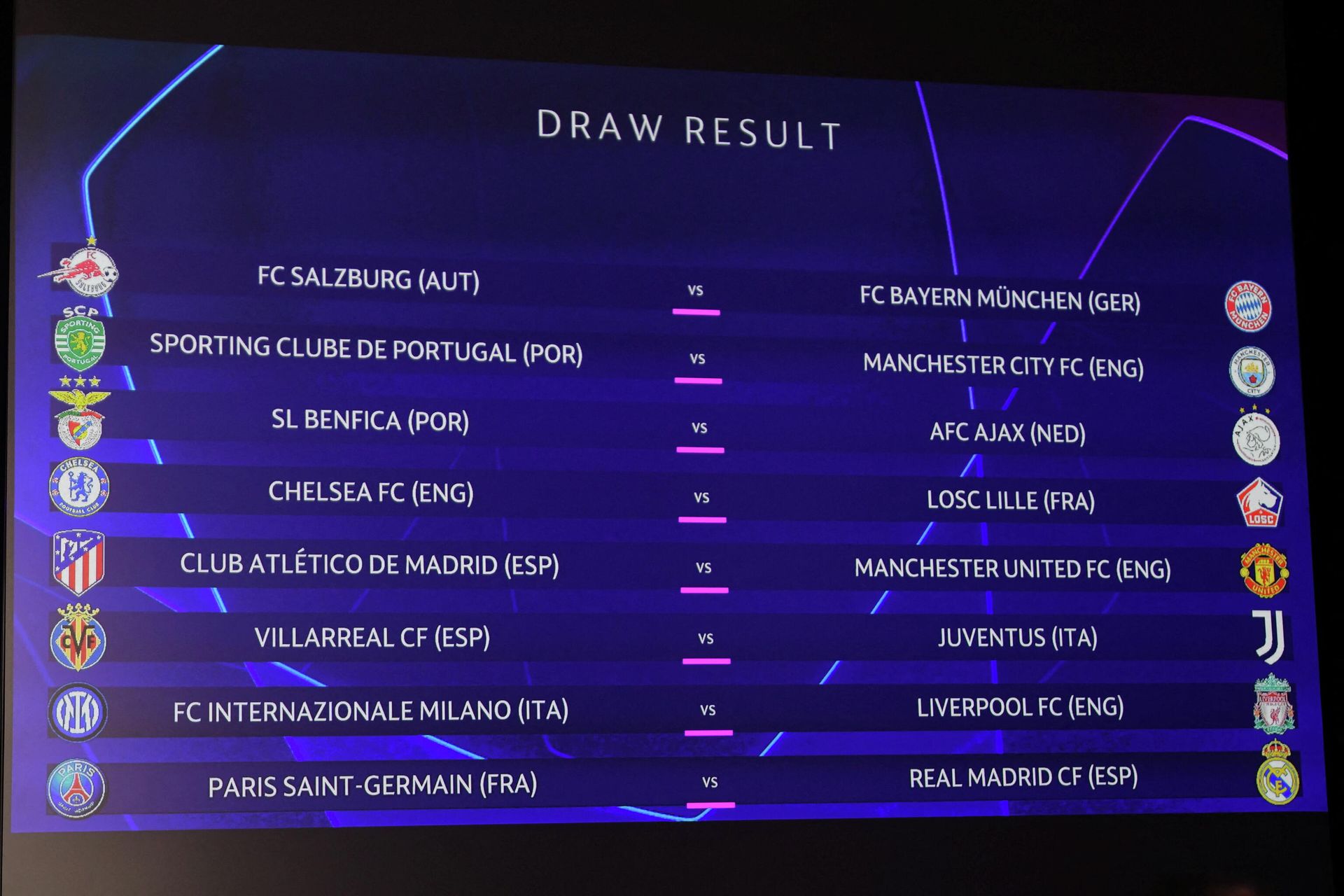Soccer Football - Champions League - Round of 16 Draw - Nyon, Switzerland - December 13, 2021 The result of the Champions League 2021/22 Round of 16 Draw is displayed on the screen at the UEFA headquarters Soccer Football - Champions League - Round of 16 Draw - Nyon, Switzerland - December 13, 2021 The result of the Champions League 2021/22 Round of 16 Draw is displayed on the screen at the UEFA headquarters - Sputnik International, 1920, 13.12.2021