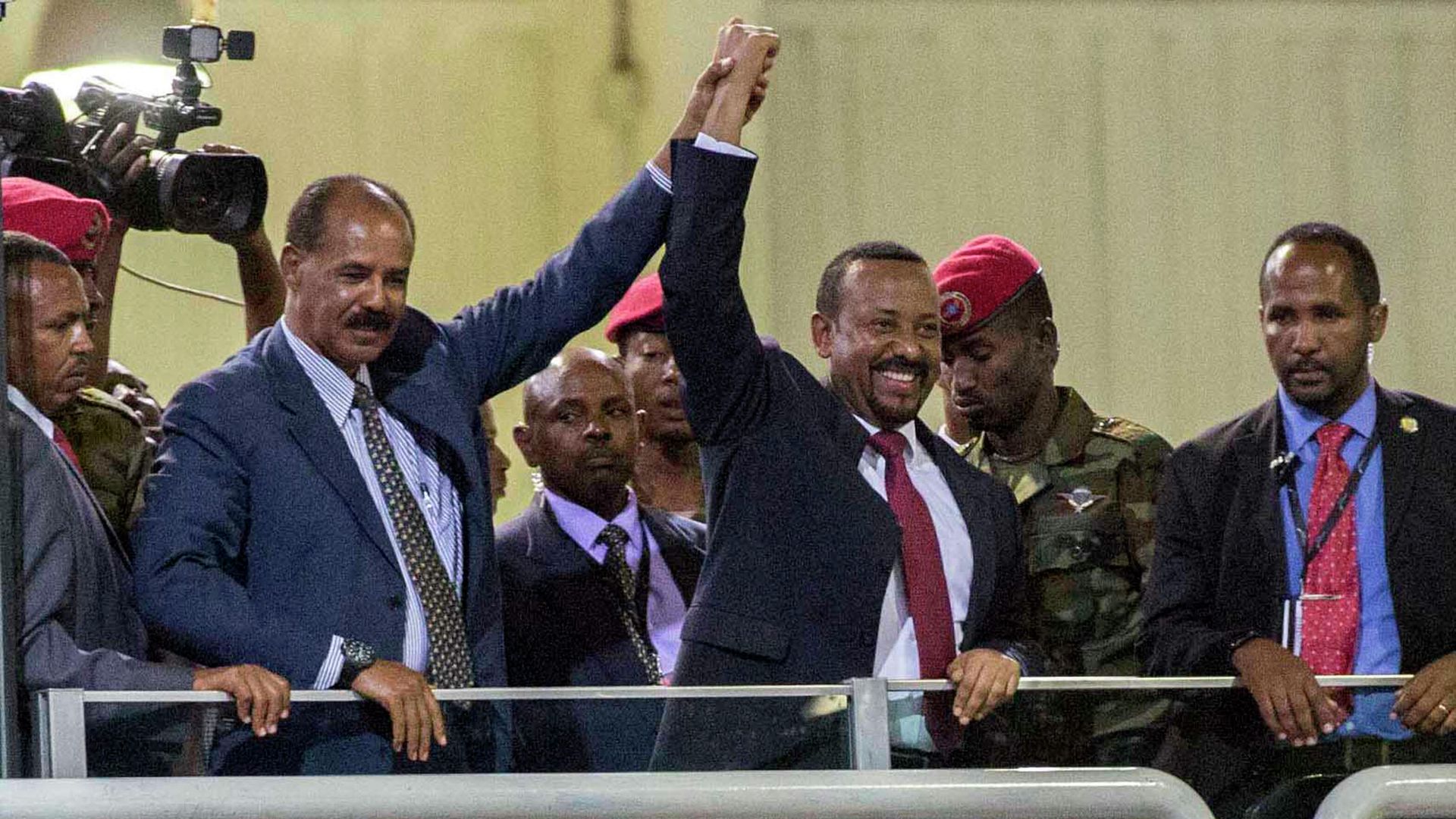 In this Sunday July 15, 2018 file photo, Eritrean President Isaias Afwerki, second left, and Ethiopia's Prime Minister Abiy Ahmed, center, hold hands as they wave at the crowds in Addis Ababa, Ethiopia. Once official rivals, the leaders of Ethiopia and Eritrea have embraced warmly to the roar of a crowd of thousands at a concert celebrating the end of a long state of war. The 2019 Nobel Peace Prize was given to Ethiopian Prime Minister Abiy Ahmed on Friday Oct. 11, 2019. In this Sunday July 15, 2018 file photo, Eritrean President Isaias Afwerki, second left, and Ethiopia's Prime Minister Abiy Ahmed, center, hold hands as they wave at the crowds in Addis Ababa, Ethiopia. Once official rivals, the leaders of Ethiopia and Eritrea have embraced warmly to the roar of a crowd of thousands at a concert celebrating the end of a long state of war. The 2019 Nobel Peace Prize was given to Ethiopian Prime Minister Abiy Ahmed on Friday Oct. 11, 2019. - Sputnik International, 1920, 17.12.2021