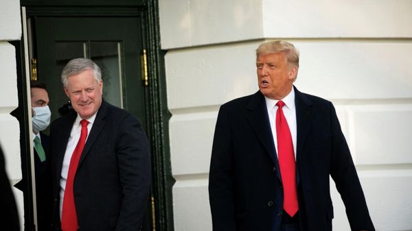 U.S. President Donald Trump departs with White House Chief of Staff Mark Meadows from the White House to travel to North Carolina for an election rally, in Washington, U.S., October 21, 2020.  - Sputnik International