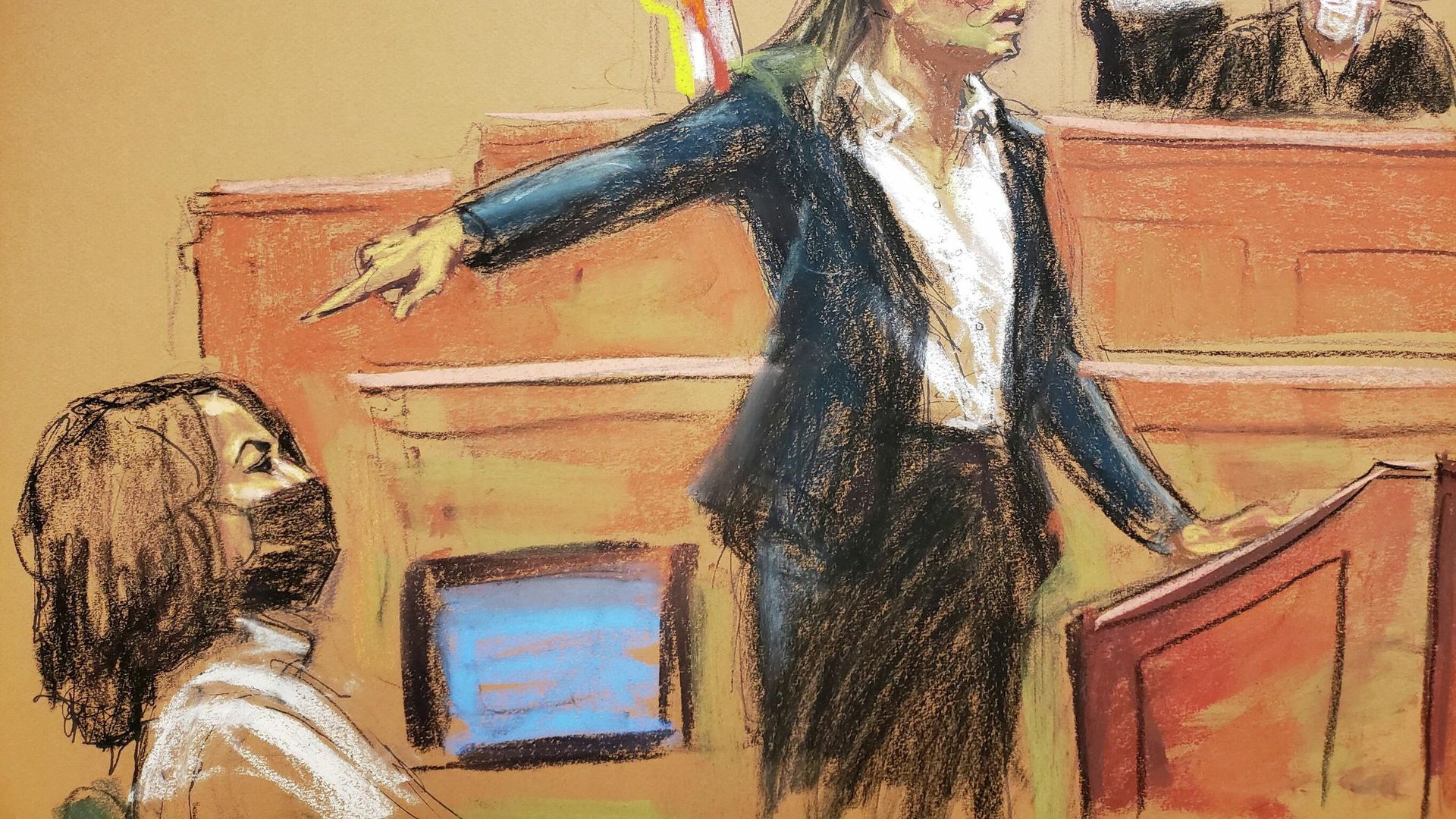 Maurene Comey points at Ghislaine Maxwell as she delivers the rebuttal argument for the government during the trial of Maxwell, the Jeffrey Epstein associate accused of sex trafficking, in a courtroom sketch in New York City, U.S., December 20, 2021. Maurene Comey points at Ghislaine Maxwell as she delivers the rebuttal argument for the government during the trial of Maxwell, the Jeffrey Epstein associate accused of sex trafficking, in a courtroom sketch in New York City, U.S., December 20, 2021. - Sputnik International, 1920, 20.12.2021