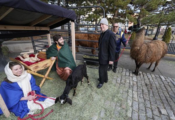 Rev. Samuel J. Aquila, third from left, archbishop of the archdiocese of Denver, greets actors Jill Brun, left, James Joseph, second from left, and David Martinez, as they take part in a live nativity scene outside the Cathedral Basilica of the Immaculate Conception before Christmas Eve Mass, 24 December 2021, in downtown Denver. Rev. Samuel J. Aquila, third from left, archbishop of the archdiocese of Denver, greets actors Jill Brun, left, James Joseph, second from left, and David Martinez, as they take part in a live nativity scene outside the Cathedral Basilica of the Immaculate Conception before Christmas Eve Mass, 24 December 2021, in downtown Denver. - Sputnik International