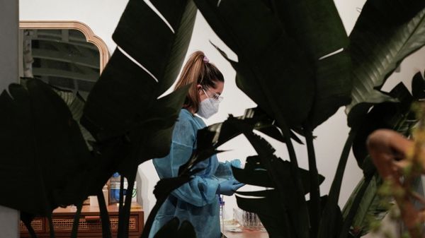 A registered nurse (RN) tests nasal swab samples for the coronavirus disease (COVID-19) at a Sameday Health clinic, as the Omicron coronavirus variant continues to spread after the Christmas holiday break, in the Brentwood neighborhood of Los Angeles, California, U.S., December 27, 2021 - Sputnik International