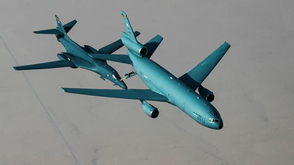 In this photo released by the U.S. Air Force, A U.S. Air Force KC-10 Extender refuels a B-1B Lancer over Saudi Arabia Saturday, Oct. 30, 2021. The U.S. Air Force said Sunday it flew a B-1B strategic bomber over key maritime chokepoints in the Mideast with allies including Israel amid ongoing tensions with Iran as its nuclear deal with world powers remains in tatters. - Sputnik International