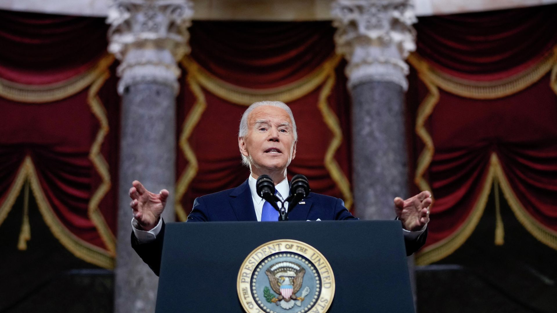 US President Joe Biden speaks at the US Capitol on January 6, 2022, to mark the anniversary of the attack on the Capitol in Washington, DC. - Biden accused his predecessor Donald Trump of attempting to block the democratic transfer of power on January 6, 2021. For the first time in our history, a president not just lost an election; he tried to prevent the peaceful transfer of power as a violent mob breached the Capitol, Biden said. US President Joe Biden speaks at the US Capitol on January 6, 2022, to mark the anniversary of the attack on the Capitol in Washington, DC. - Biden accused his predecessor Donald Trump of attempting to block the democratic transfer of power on January 6, 2021. For the first time in our history, a president not just lost an election; he tried to prevent the peaceful transfer of power as a violent mob breached the Capitol, Biden said. - Sputnik International, 1920, 06.01.2022