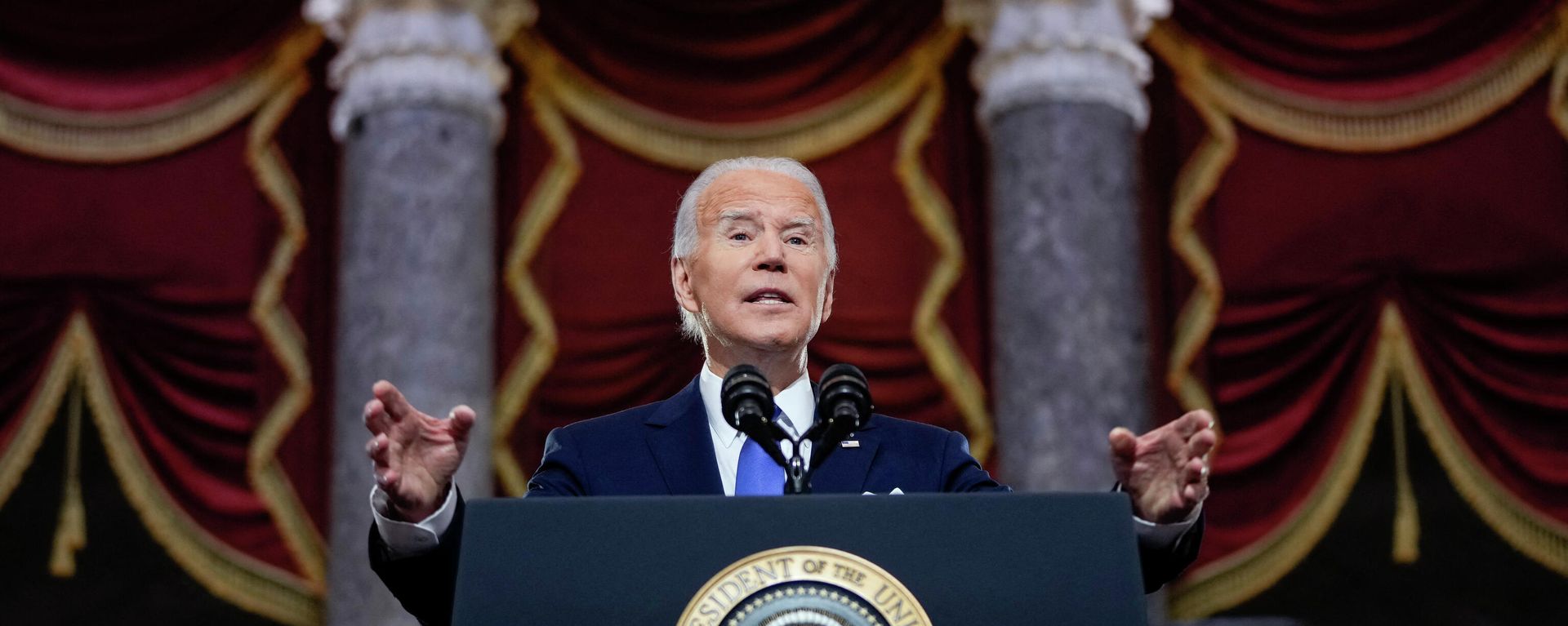 US President Joe Biden speaks at the US Capitol on January 6, 2022, to mark the anniversary of the attack on the Capitol in Washington, DC. - Biden accused his predecessor Donald Trump of attempting to block the democratic transfer of power on January 6, 2021. For the first time in our history, a president not just lost an election; he tried to prevent the peaceful transfer of power as a violent mob breached the Capitol, Biden said. US President Joe Biden speaks at the US Capitol on January 6, 2022, to mark the anniversary of the attack on the Capitol in Washington, DC. - Biden accused his predecessor Donald Trump of attempting to block the democratic transfer of power on January 6, 2021. For the first time in our history, a president not just lost an election; he tried to prevent the peaceful transfer of power as a violent mob breached the Capitol, Biden said. - Sputnik International, 1920, 06.01.2022
