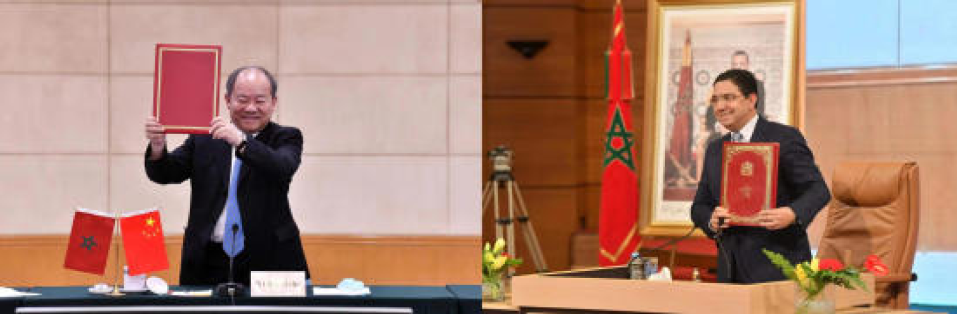 Ning Jizhe, vice chairman of China’s National Development and Reform Commission (NDRC) and Moroccan Foreign Minister Nasser Bourita hold copies of an agreement on a joint implementation plan for the North African country’s integration into the Belt and Road Initiative on January 6, 2022. - Sputnik International, 1920, 06.01.2022