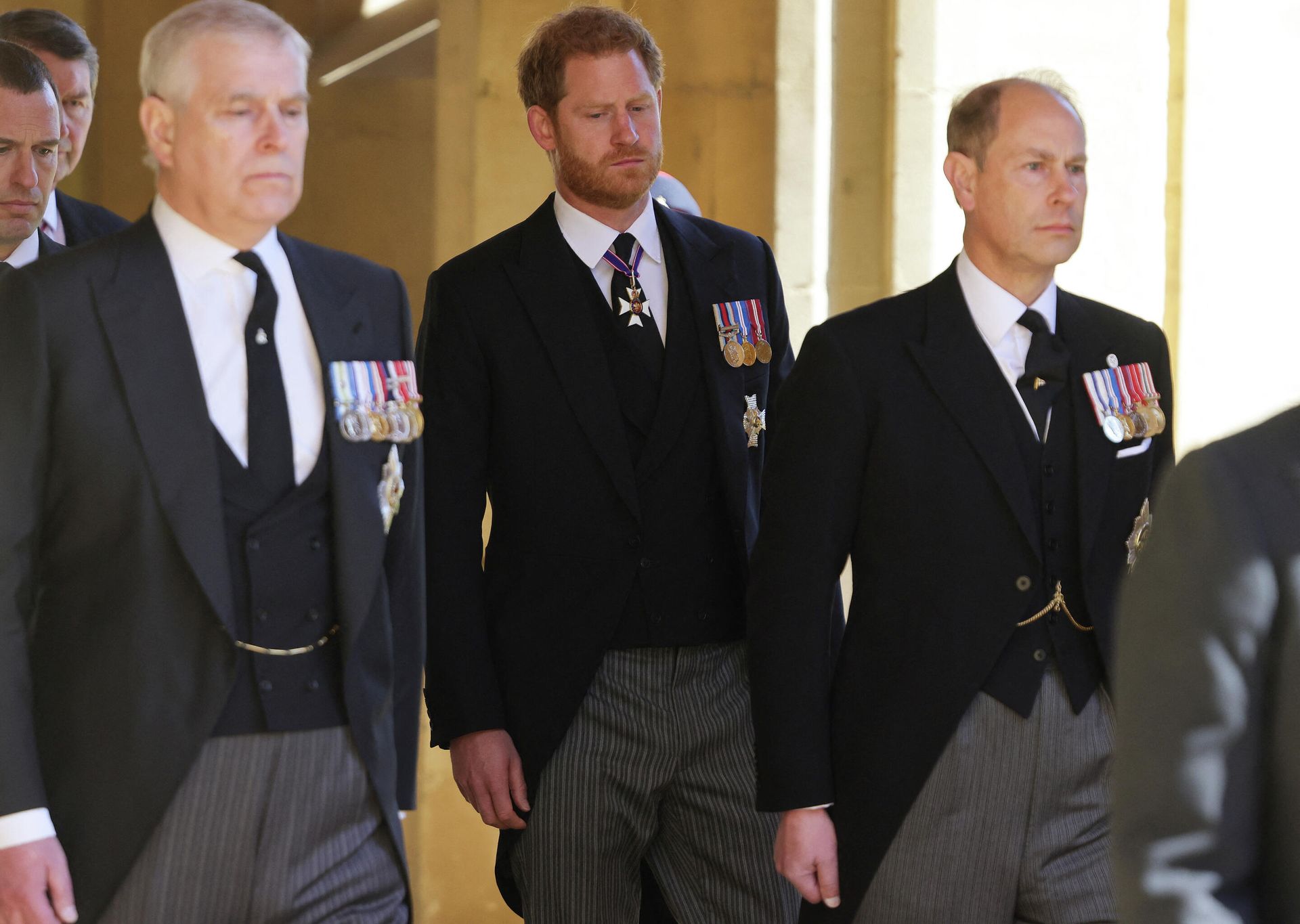 Britain's Prince Harry, Duke of Sussex (C), Britain's Prince Andrew, Duke of York (2ndL), Britain's Prince Edward, Earl of Wessex (R) attend the funeral ceremony for Britain's Prince Philip, Duke of Edinburgh at St George's Chapel in Windsor Castle in Windsor, west of London, on April 17, 2021. - Sputnik International, 1920, 22.03.2022