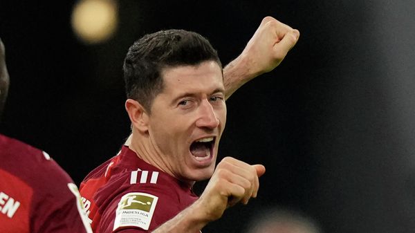 Bayern's Robert Lewandowski celebrates his side's second goal during the German Bundesliga soccer match between FC Bayern Munich and SC Freiburg in Munich, Germany, Saturday, Nov. 6, 2021 - Sputnik International