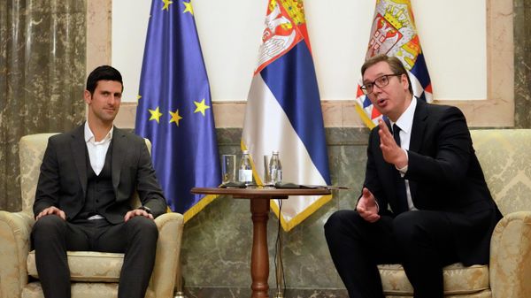 Serbian tennis player Novak Djokovic, left, speaks with Serbia's President Aleksandar Vucic in Belgrade, Serbia, Thursday, Feb. 3, 2022 - Sputnik International