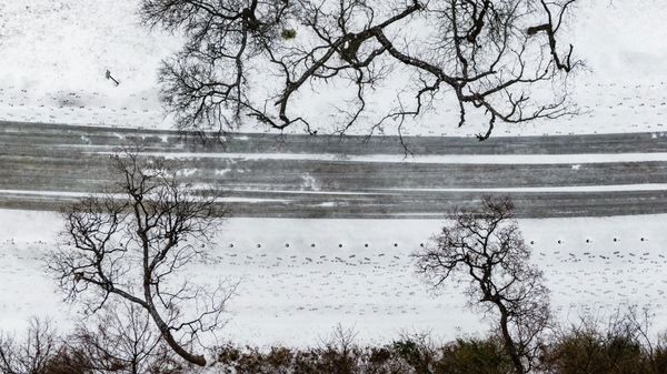 Foot prints are left in the snow on E Lawther Road along the banks of White Rock Lake, Thursday, Feb. 3, 2022, in Dallas. More than 200,000 homes and businesses lost power across the U.S. on Thursday as freezing rain and snow weighed down tree limbs and encrusted power lines, part of a winter storm that caused an apparent tornado in Alabama, dumped more than a foot of snow in parts of the Midwest and brought rare measurable snowfall to parts of Texas. - Sputnik International