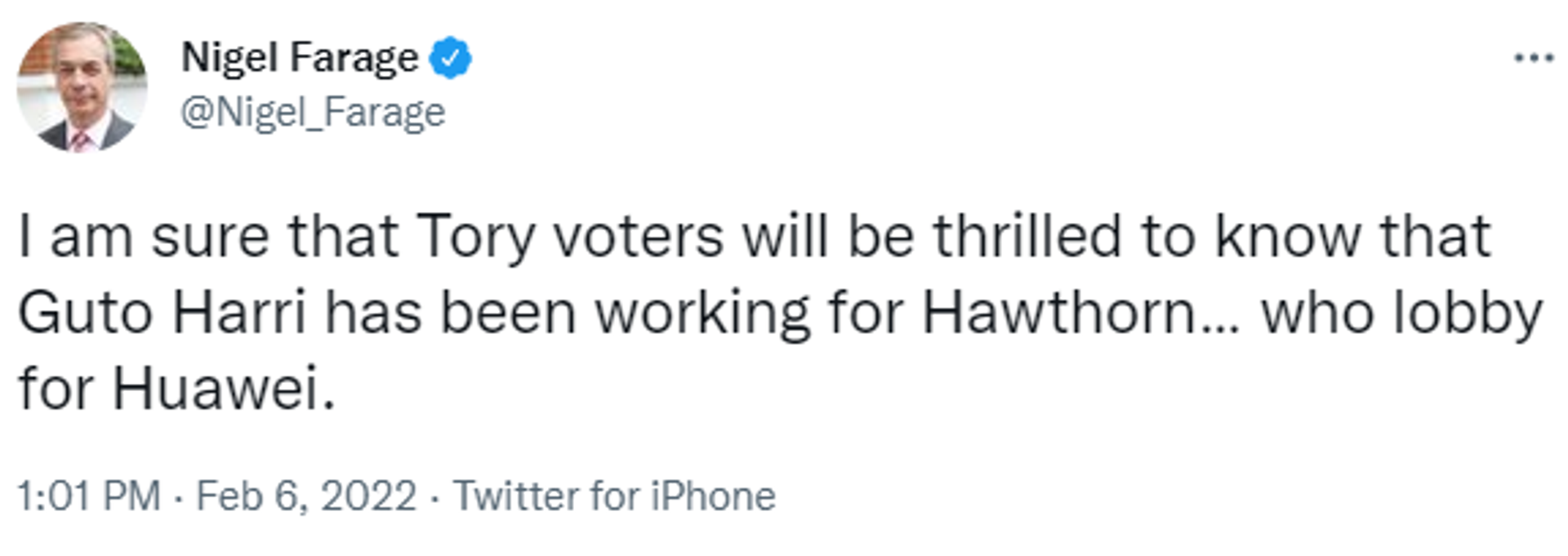I am sure that Tory voters will be thrilled to know that Guto Harri has been working for Hawthorn… who lobby for Huawei, says Nigel Farage - Sputnik International, 1920, 06.02.2022