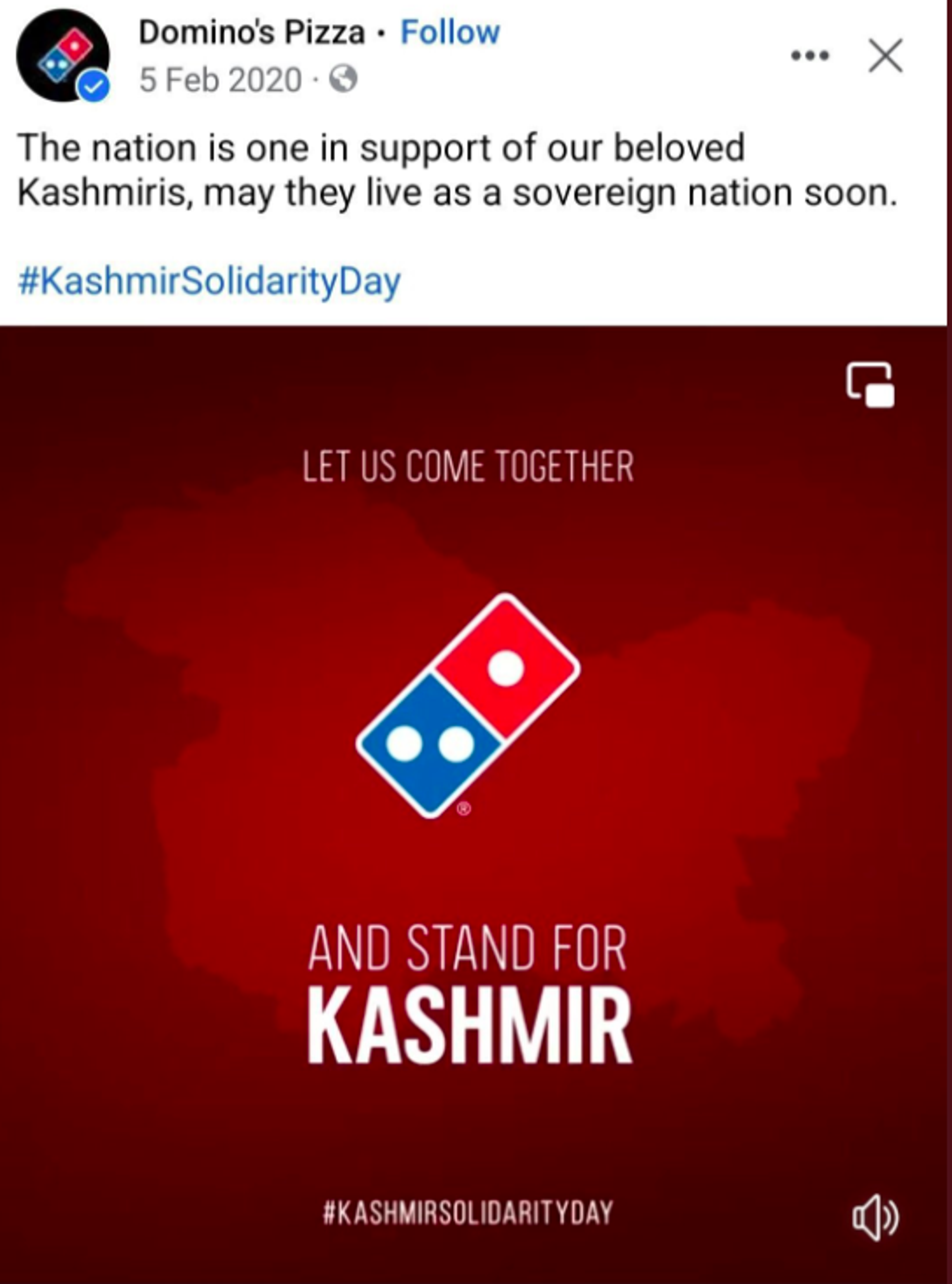 Domino's Post on Jammu and Kashmir Solidarity Day  - Sputnik International, 1920, 08.02.2022