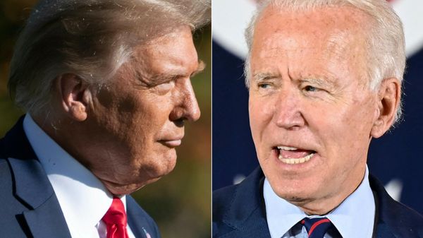 This combination of file photos created on October 15, 2020 shows US President Donald Trump(L) walks to Marine One after speaking to the press as he departs the White House in Washington, DC, on October 14, 2020,and Democratic Presidential candidate and former Vice President Joe Biden delivering remarks at a voter mobilization event in Cincinnati, Ohio, on October 12, 2020. - Sputnik International