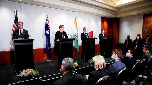 U.S. Secretary of State Antony Blinken, Australian Foreign Minister Marise Payne, Indian Foreign Minister Subrahmanyam Jaishankar and Japanese Foreign Minister Yoshimasa Hayashi during a press conference of the Quadrilateral Security Dialogue (Quad) foreign ministers in Melbourne, Australia, February 11, 2022 - Sputnik International