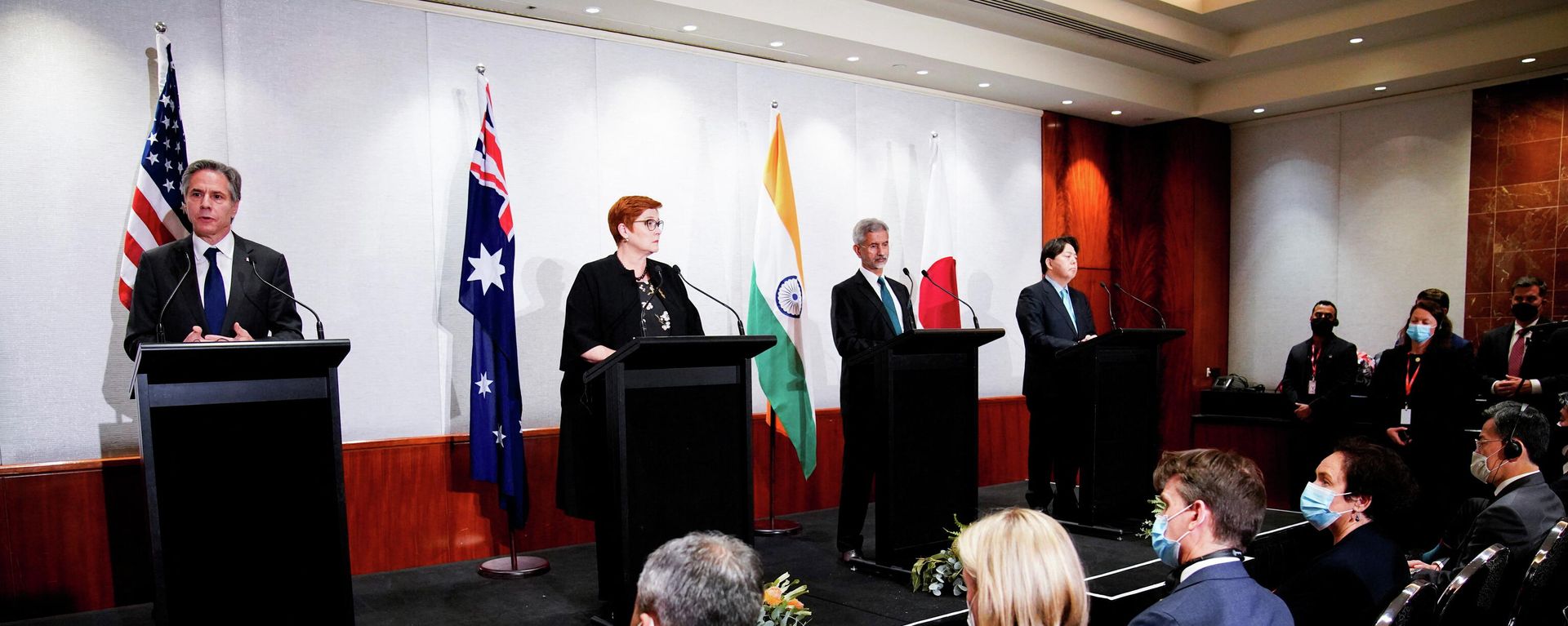 U.S. Secretary of State Antony Blinken, Australian Foreign Minister Marise Payne, Indian Foreign Minister Subrahmanyam Jaishankar and Japanese Foreign Minister Yoshimasa Hayashi during a press conference of the Quadrilateral Security Dialogue (Quad) foreign ministers in Melbourne, Australia, February 11, 2022 U.S. Secretary of State Antony Blinken, Australian Foreign Minister Marise Payne, Indian Foreign Minister Subrahmanyam Jaishankar and Japanese Foreign Minister Yoshimasa Hayashi during a press conference of the Quadrilateral Security Dialogue (Quad) foreign ministers in Melbourne, Australia, February 11, 2022 - Sputnik International, 1920, 11.02.2022