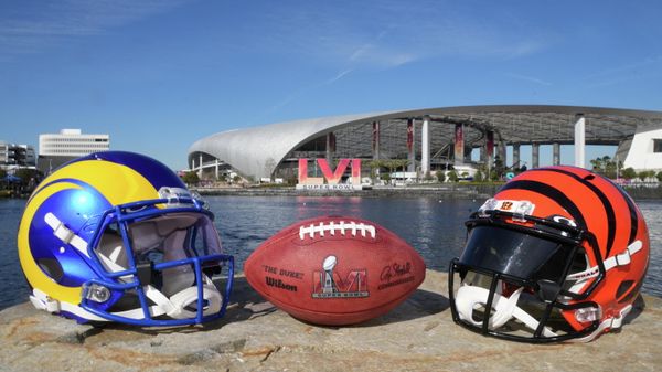 Feb 8, 2022; Inglewood, CA, USA; Los Angeles Rams and Cincinnati Bengals helmets are seen with a Wilson NFL official Duke football and the SBLVI numerals at SoFi Stadium - Sputnik International