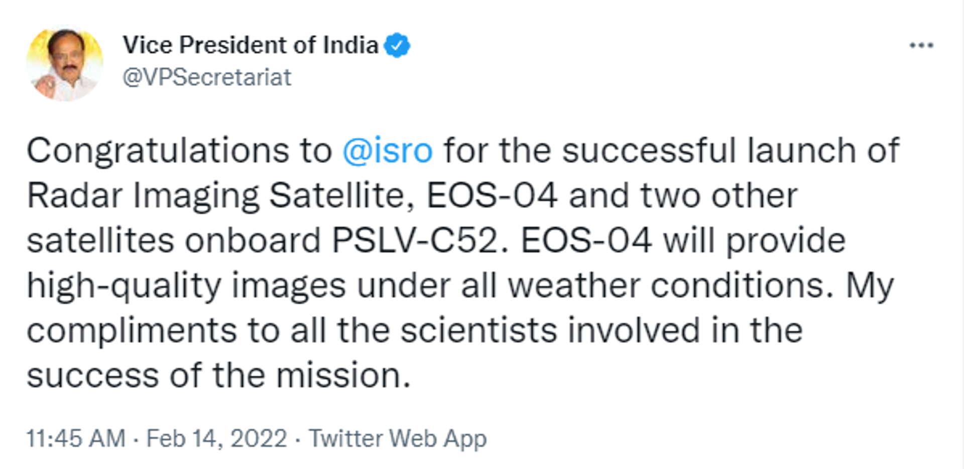 Vice President M. Venkaiah Naidu Congratulates ISRO Scientists for Successful Launch of PSLV-C52 - Sputnik International, 1920, 14.02.2022