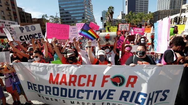  Supporters of reproductive choice take part in the nationwide Women's March, held after Texas rolled out a near-total ban on abortion procedures and access to abortion-inducing medications, in Los Angeles, California, October 2, 2021 - Sputnik International