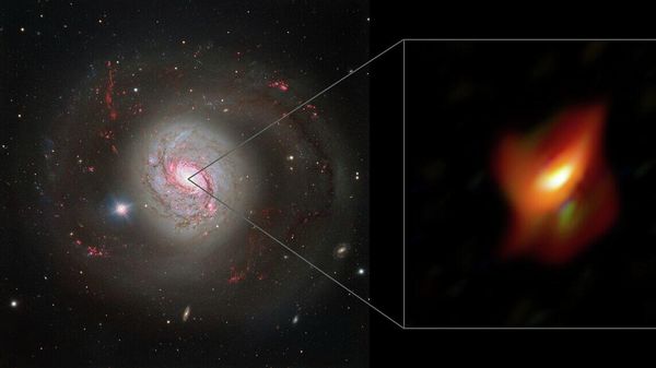 The left panel of this image shows a dazzling view of the active galaxy Messier 77 captured with the FOcal Reducer and low dispersion Spectrograph 2 (FORS2) instrument on ESO’s Very Large Telescope. - Sputnik International