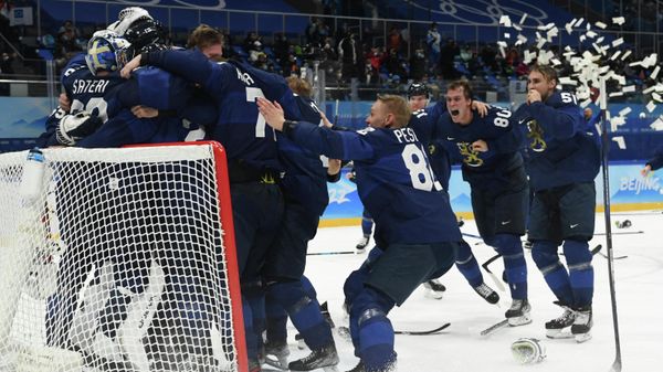  Finland v Russian Olympic Committee - National Indoor Stadium, Beijing, China - February 20, 2022. Finland players celebrate victory.  - Sputnik International