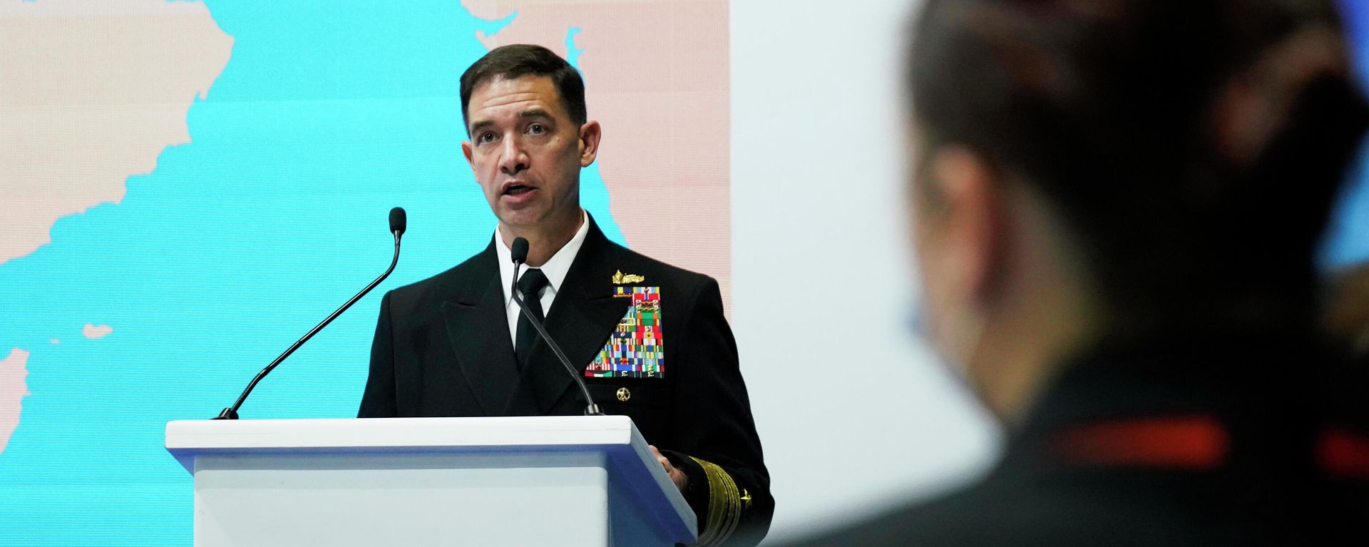 U.S. Navy Vice Adm. Brad Cooper, who oversees the Mideast-based 5th Fleet, speaks at the Unmanned System Exhibition and Conference in Abu Dhabi, United Arab Emirates, Monday, Feb. 21, 2022 U.S. Navy Vice Adm. Brad Cooper, who oversees the Mideast-based 5th Fleet, speaks at the Unmanned System Exhibition and Conference in Abu Dhabi, United Arab Emirates, Monday, Feb. 21, 2022 - Sputnik International, 1920, 21.02.2022