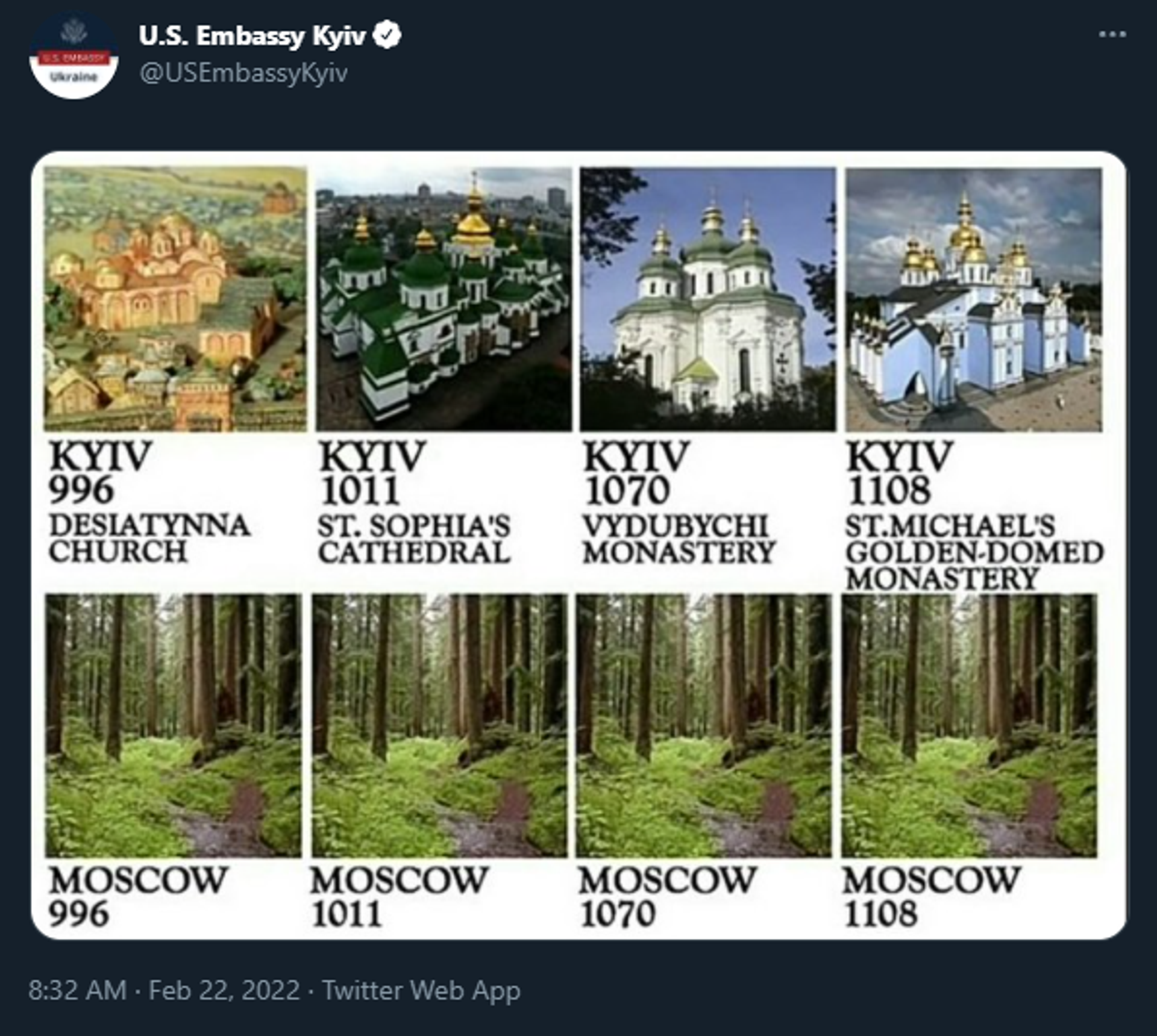 A tweet by the US embassy in Kiev on February 22, 2022, comparing Kiev's and Moscow's histories. A tweet by the US embassy in Kiev on February 22, 2022, comparing Kiev's and Moscow's histories. - Sputnik International, 1920, 22.02.2022