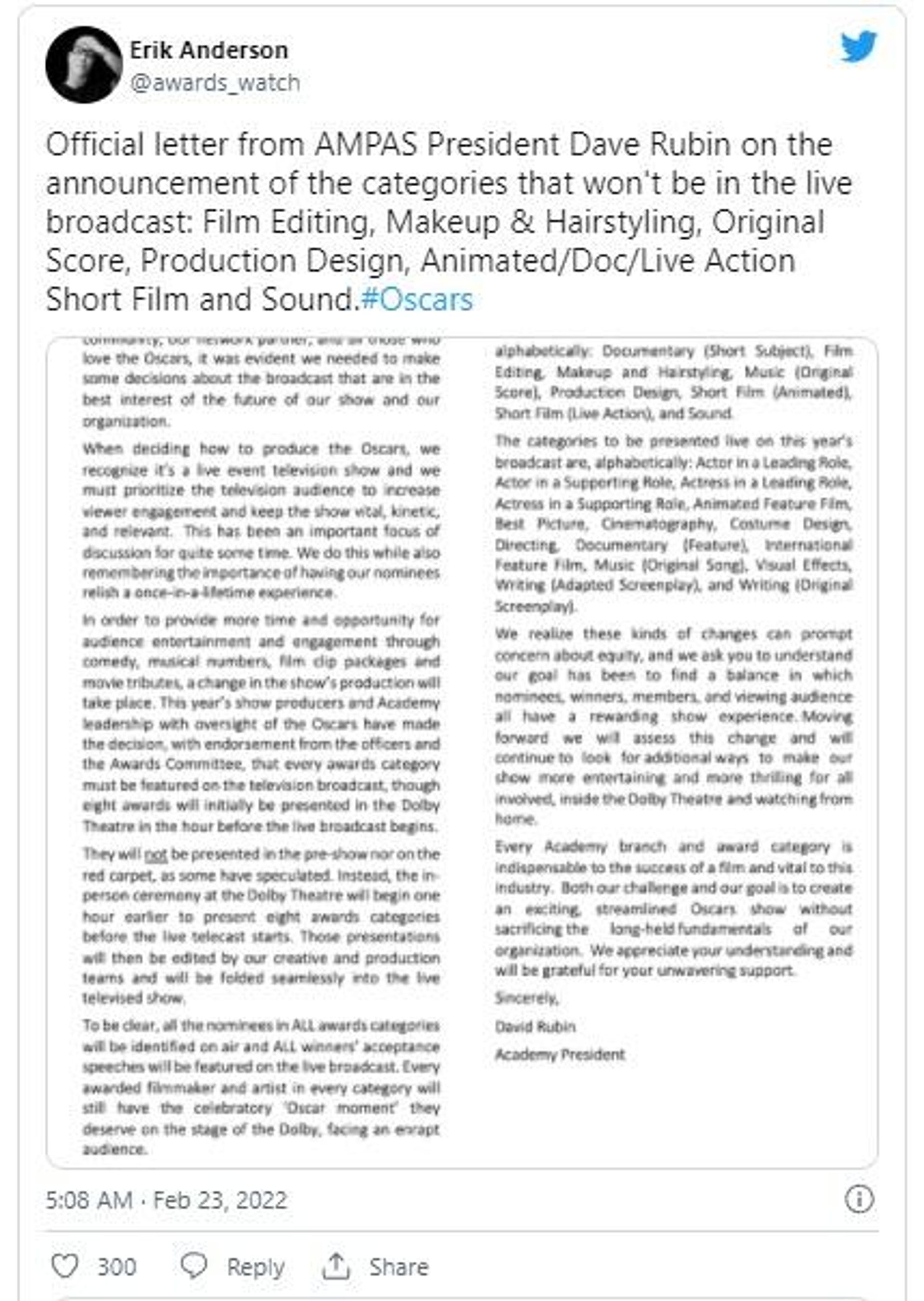Academy Awards President David Rubin issued a letter about recent announcement  - Sputnik International, 1920, 23.02.2022