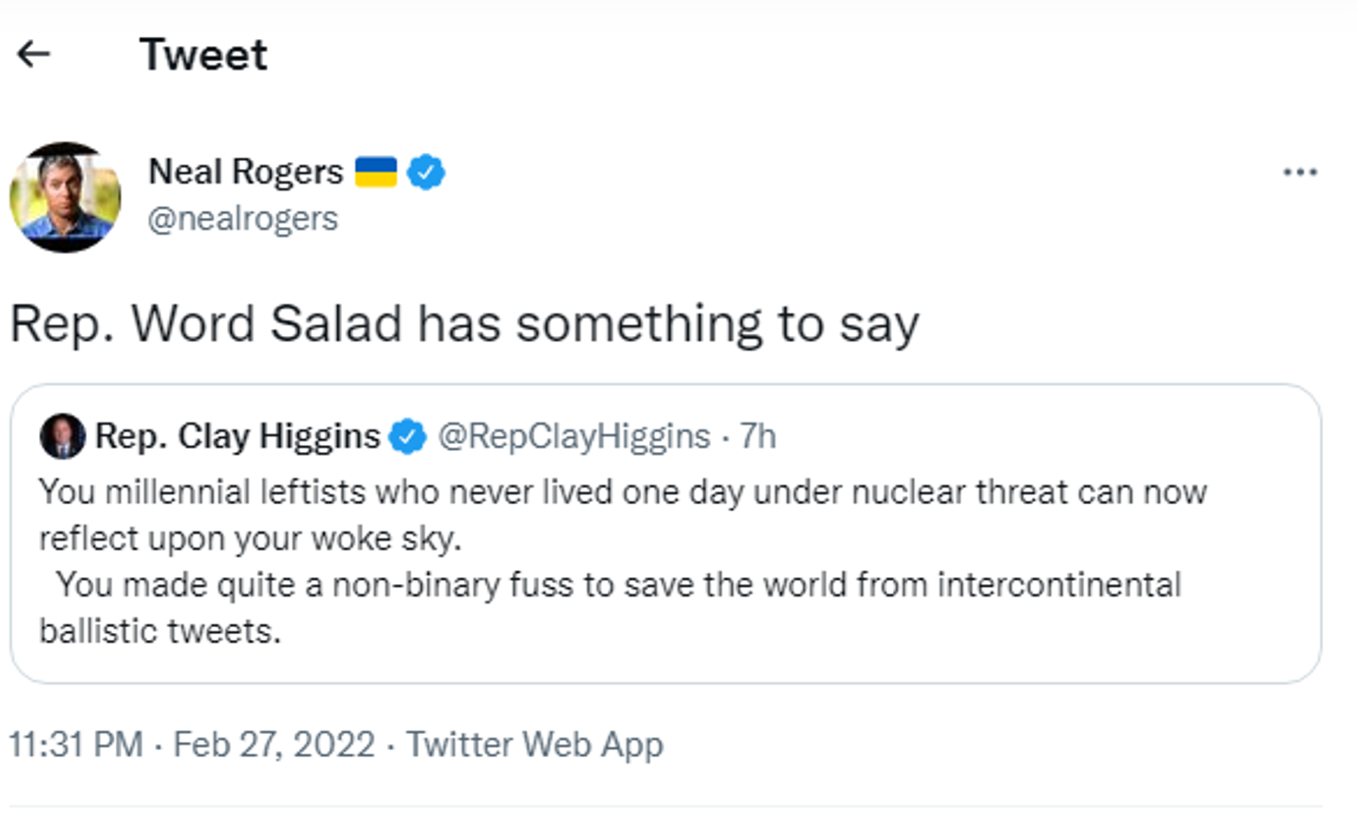 A Twitter reaction to Higgins' post. - Sputnik International, 1920, 28.02.2022