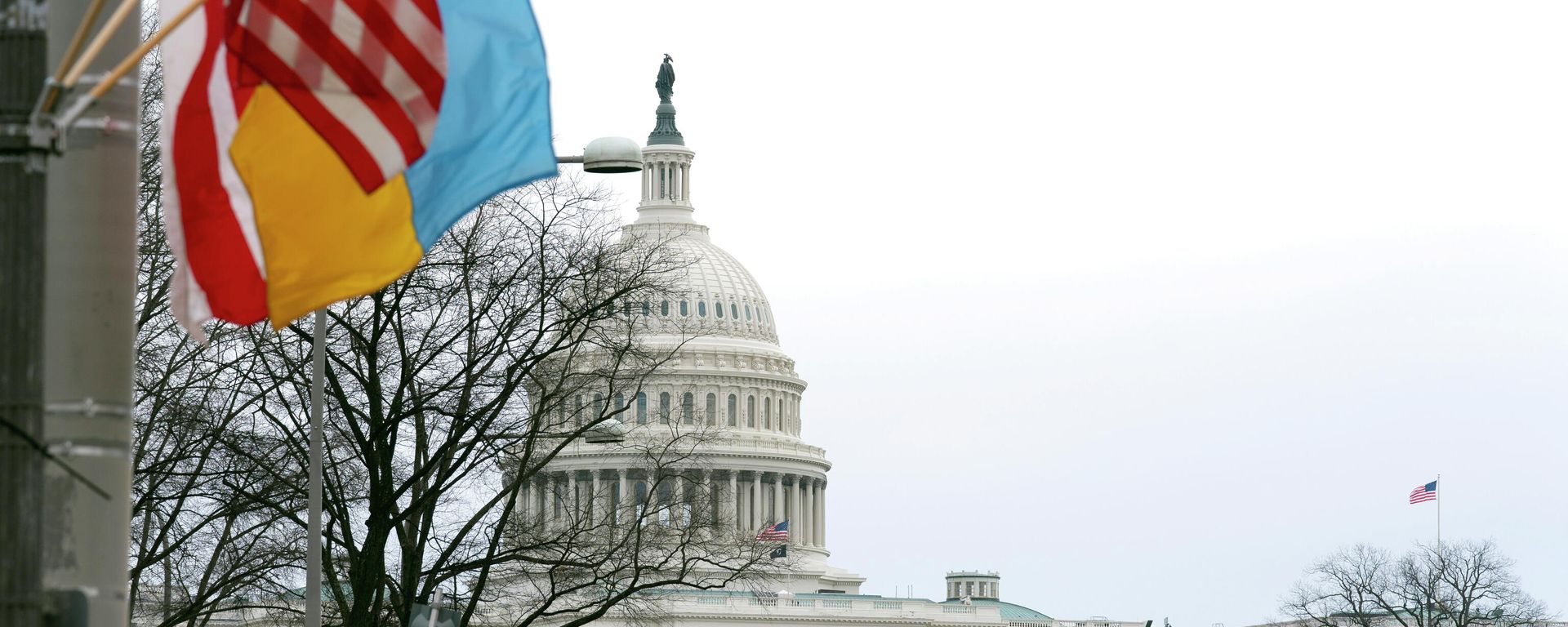 The U.S. Capitol is seen behind the U.S. flag, Ukrainian flag and the flag of Washington, D.C., in Washington, Tuesday, March, 1, 2022. President Joe Biden will deliver his first State of the Union address at a precipitous moment for the nation. Biden is aiming to navigate the country out of a pandemic, reboot his stalled domestic agenda and confront Russia’s aggression. The U.S. Capitol is seen behind the U.S. flag, Ukrainian flag and the flag of Washington, D.C., in Washington, Tuesday, March, 1, 2022. President Joe Biden will deliver his first State of the Union address at a precipitous moment for the nation. Biden is aiming to navigate the country out of a pandemic, reboot his stalled domestic agenda and confront Russia’s aggression. - Sputnik International, 1920, 01.03.2022