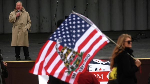Michael Peroutka, who is running to be Maryland's next attorney general and who has previous ties to League of the South, which was defined as a hate group by Southern Poverty Law Center, rallies with a small group of people at an event called Stage of Freedom, described as a rally for convoys, for ending the state of emergency and against mandates in Washington, U.S., March 1, 2022.  - Sputnik International