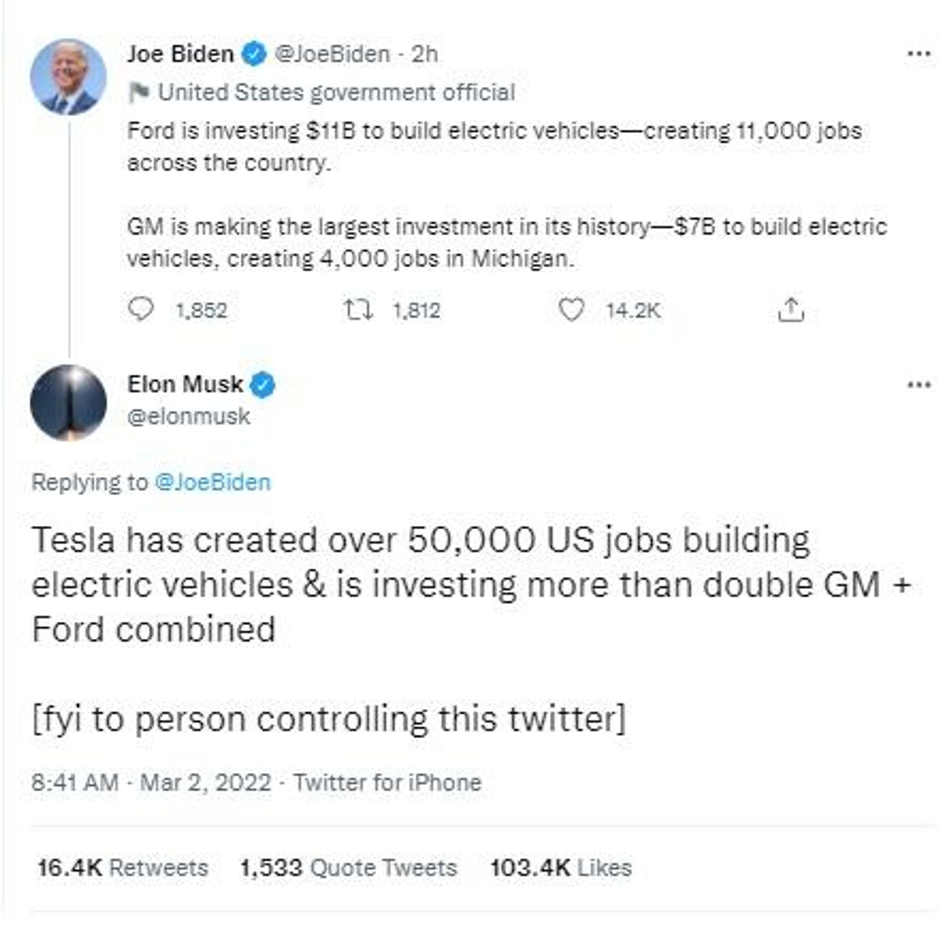 Twitter Snapshot of Tesla CEO Elon Musk taking a dig at US President Joe Biden  - Sputnik International, 1920, 02.03.2022