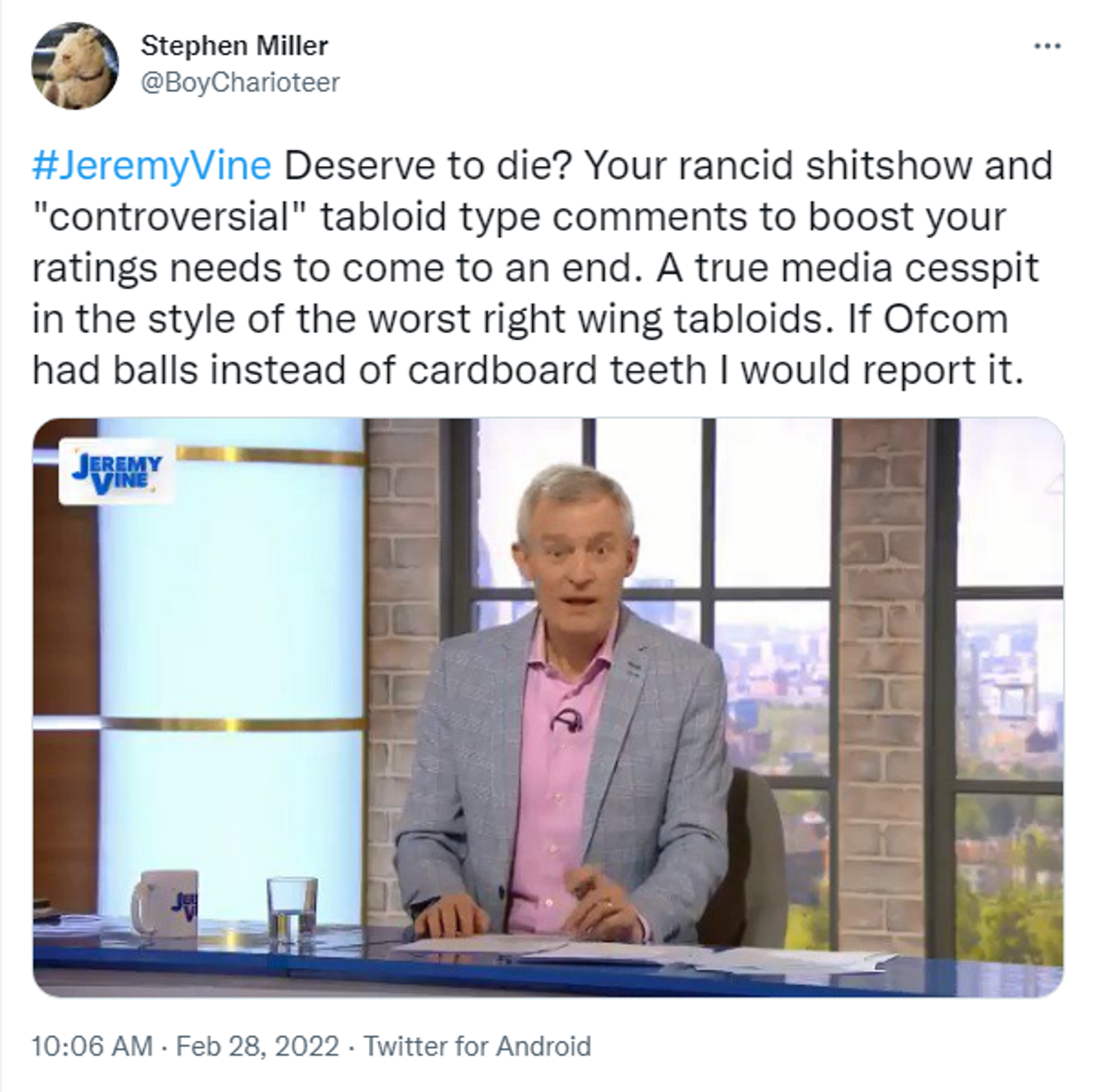 Tweet condemning Jeremy Vine's comment that Russian soldiers deserve to die. - Sputnik International, 1920, 03.03.2022