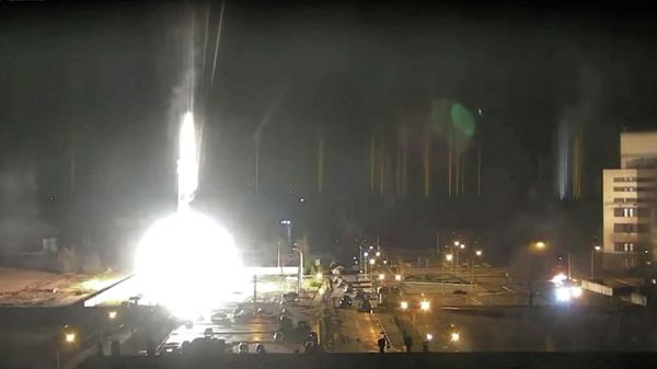 Surveillance camera footage shows a flare landing at the Zaporozhye nuclear power plant during shelling in Energodar, Ukraine, March 4, 2022, in this screengrab from a video obtained from social media - Sputnik International