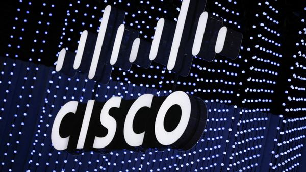 The logo of networking gear maker Cisco Systems Inc is seen during GSMA's 2022 Mobile World Congress (MWC) in Barcelona, Spain February 28, 2022. REUTERS/Nacho Doce - Sputnik International