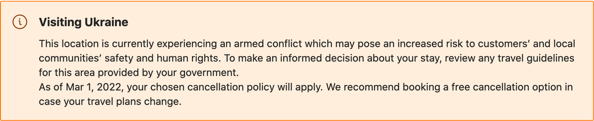 Booking.com notice appears for accommodations within Ukraine, warning users of the region's armed conflict. The travel site has also delisted any lodgings that had been offered within Russia. - Sputnik International, 1920, 04.03.2022