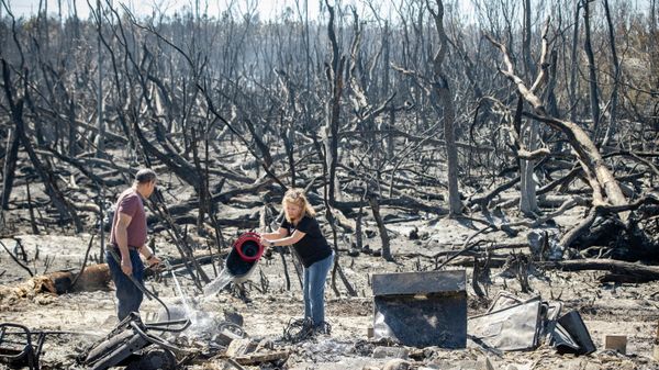 Hector Rivera and Wandi Blanco put water on hotspots on a neighbor's shed next to their home on Whitehead Boulevard after the Adkins Fire tore through the area in Panama City, Florida, U.S. March 5, 2022.  - Sputnik International