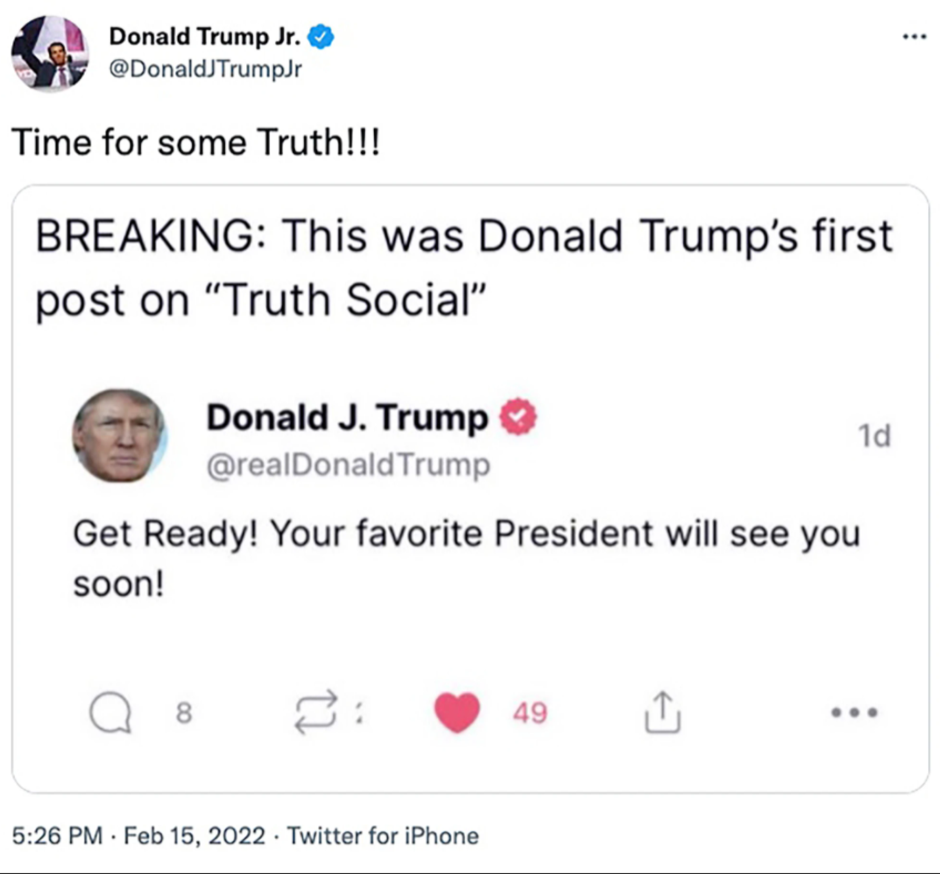 A February 25 tweet from Donald Trump Jr. teases a screengrab of former US President Donald Trump's first post to 'Truth Social,' 45's new social media app. A February 25 tweet from Donald Trump Jr. teases a screengrab of former US President Donald Trump's first post to 'Truth Social,' 45's new social media app. - Sputnik International, 1920, 06.03.2022