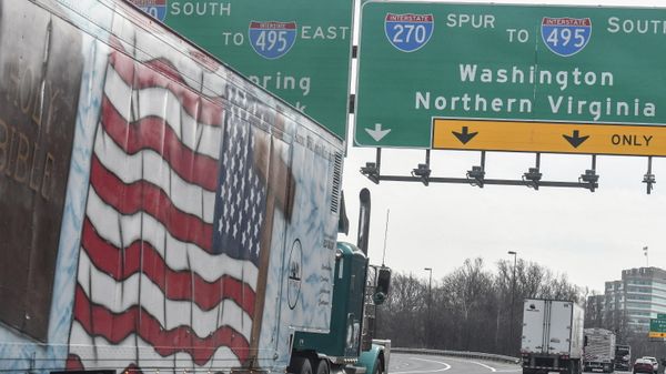 Vehicles, including 18-wheeler trucks, RVs and other cars drive towards Washington, D.C., after some of them arrived as part of a convoy that traveled across the country, to protest coronavirus disease (COVID-19) related mandates and other issues, in Hagerstown, Maryland, U.S., March 6, 2022. - Sputnik International