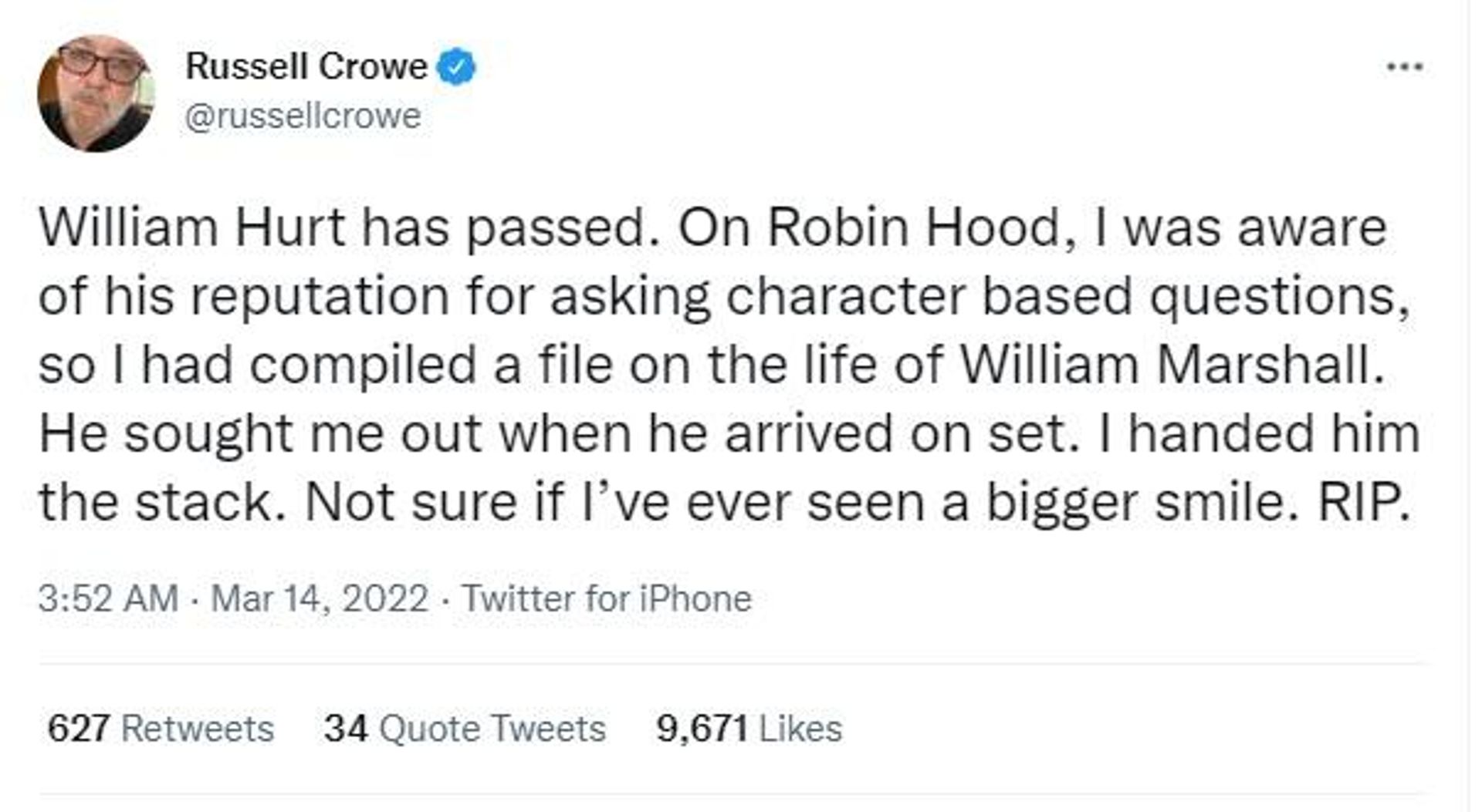 Actor Russell Crowe pour in condolences on veteran Oscar-winning actor William Hurt's demise Actor Russell Crowe pour in condolences on veteran Oscar-winning actor William Hurt's demise - Sputnik International, 1920, 14.03.2022